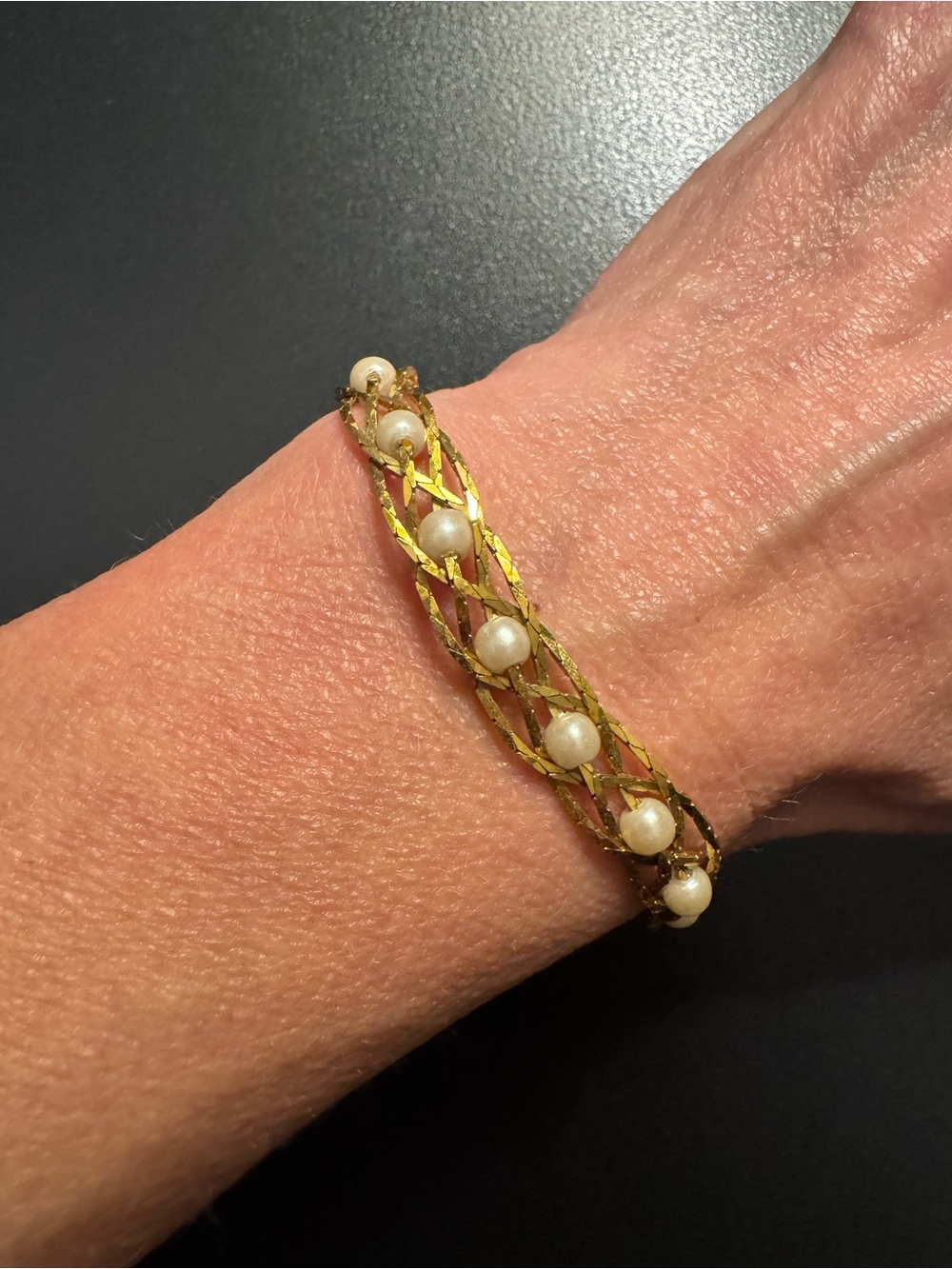 Vintage Avon Gold Tone Braided Faux Pearl Bracelet - 7.5”